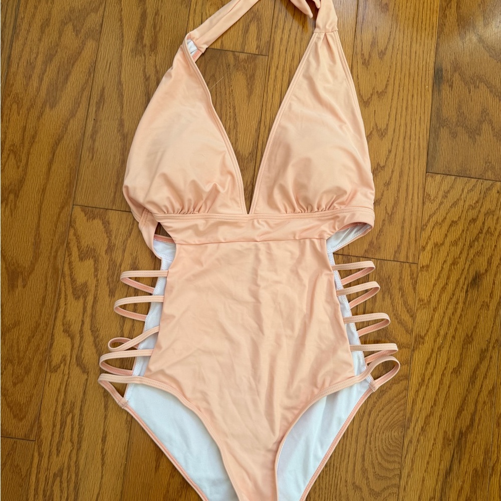 Women’s Peach Halter One-Piece Swimsuit Open Side XL Extra Large Swim Beach Pool